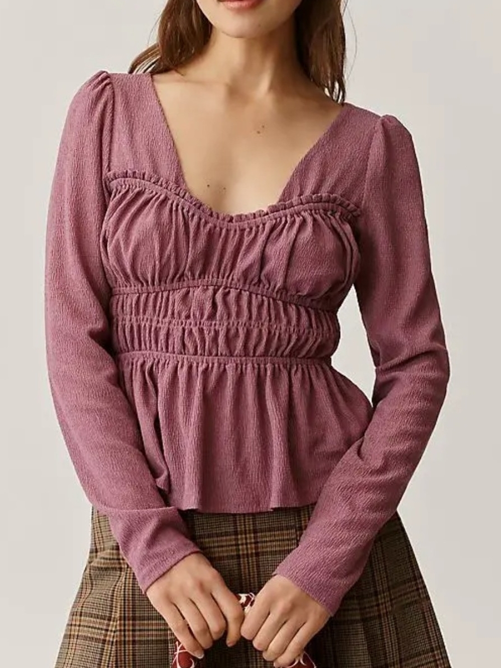 NWT Maeve By Anthropologie Smocked Sweetheart Peplum Blouse Mauve Pink Ruched S